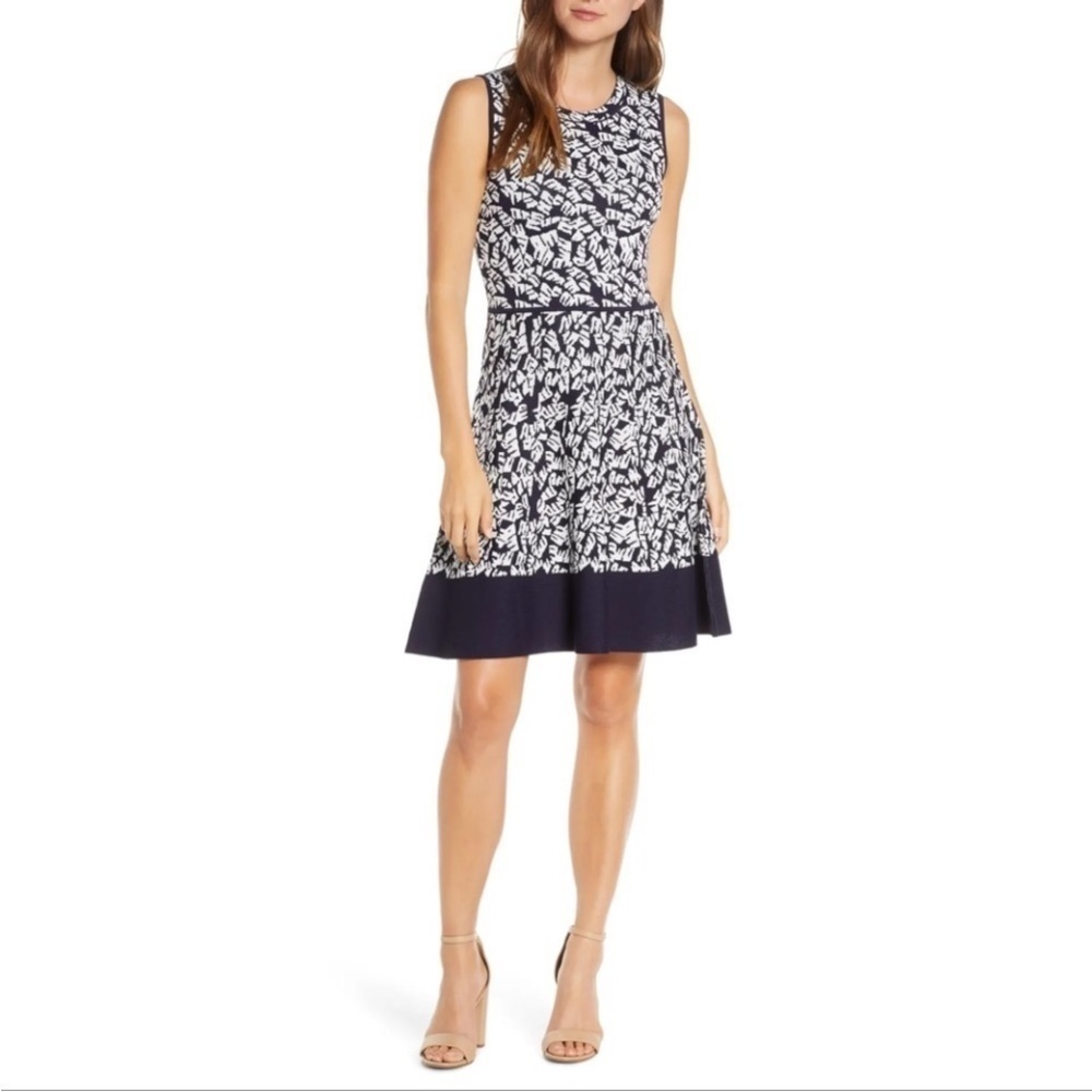 Eliza J Fit & Flare Sleeveless Sweater Dress Geometric Navy Size Large EUC